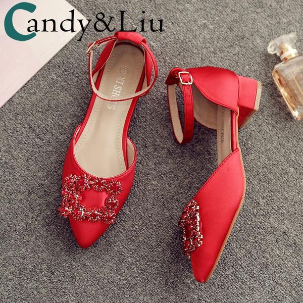 

sandals crystal wedding shoes straight buckle red bridal low heel pregnant women chinese style show chunky, Black