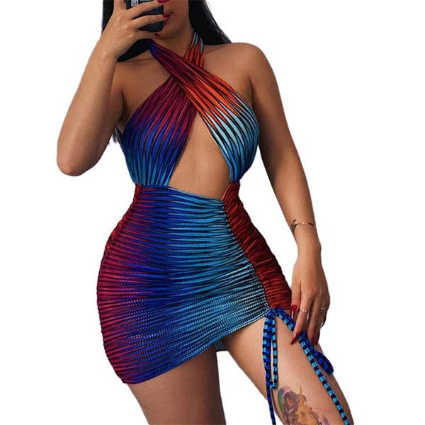 

casual dresses women hollow out drawstring dress blue halter neck sleeveless short bodycon slim mini for summer s/ / l, Black;gray