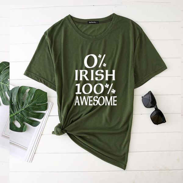 

women's t-shirt 0% irish 100% awesome printing st patrick's day woman tshirts fashion shirts for women female ladies casual o neck, White