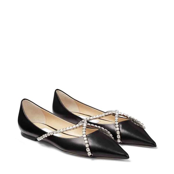 Design di lusso da donna Sandalo scarpe eleganti piatte Ballerine a punta piatta con strass Catena di cristalli Genevi pelle nera impreziosita da cristalli 34-42
