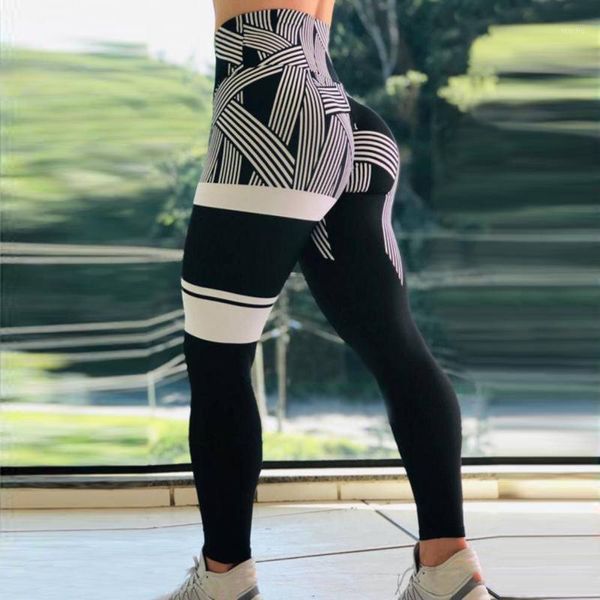 Yoga-Outfit, gestreifter Druck, Damenhose, hohe Taille, Leggings, Patchwork, atmungsaktiv, Fitnessstudio, weiblich, Push-Up-Strumpfhose, dehnbare Sportbekleidung