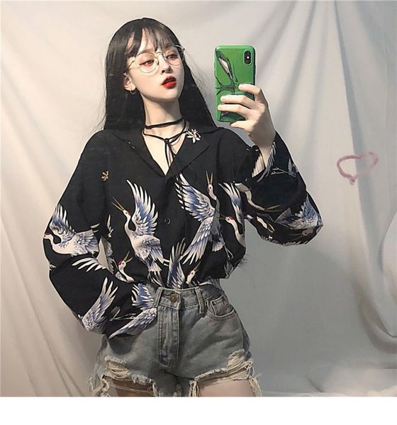 

vintage crane black loose female blouse harajuku loose wild womens blusas summer korean cool regular girl long sleeve clothes, White