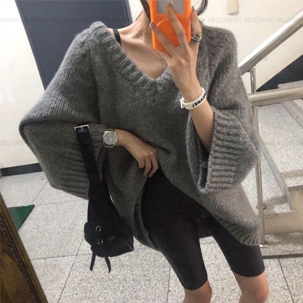 

2021 new korean style bat sleeve loose knitted pullovers female v-neck solid casual sweater autumn winter for women r2mr, White;black