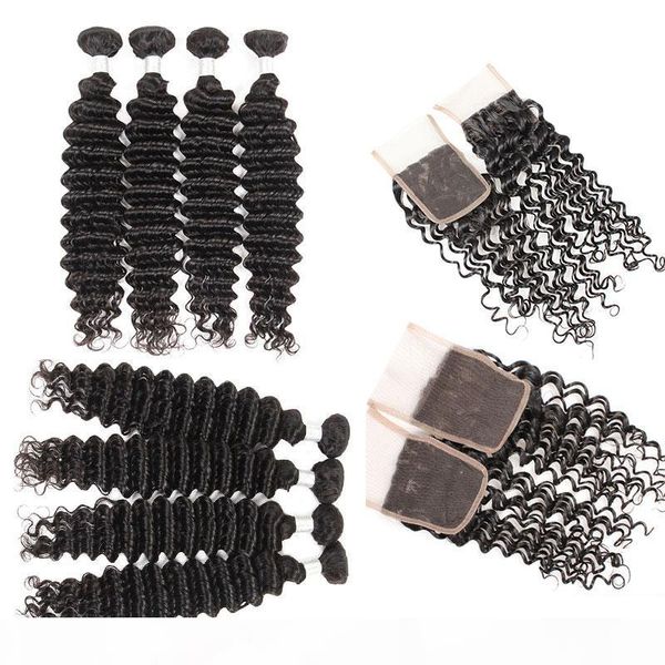 

lace closure with bundles brazilian virgin deep wave human hair wet and wavy human hair weave with lace closure middle 3 part, Black
