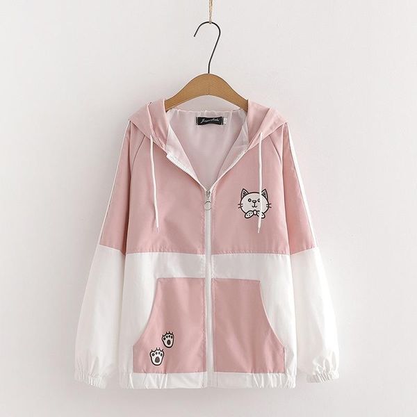 

women's jackets 2021 female spring autumn coat cute simple pink black blue loose thin jacket women hooded zipper patchwork coats cat cl, Black;brown