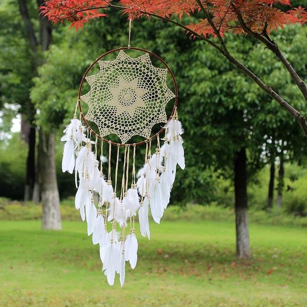 

decorative objects & figurines large size beige cotton white feather dream catchers round metal hoop circle 40cm handmade dreamcatcher pogra
