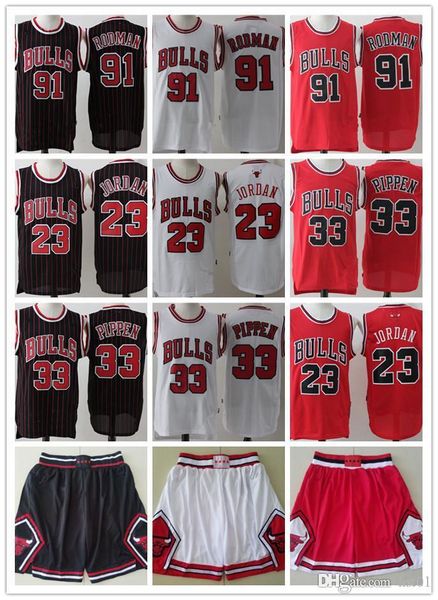 

mens chicago throwback bulls michael 23 mj red dennis 91 rodman scottie 33 pippen shorts basketball jerseys, Black;red