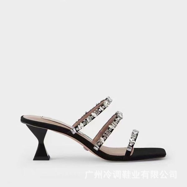 

thin high-heeled sandal lady summer square head one-line belt chain rhinestone fairy style high-heeled sandal lady, Black
