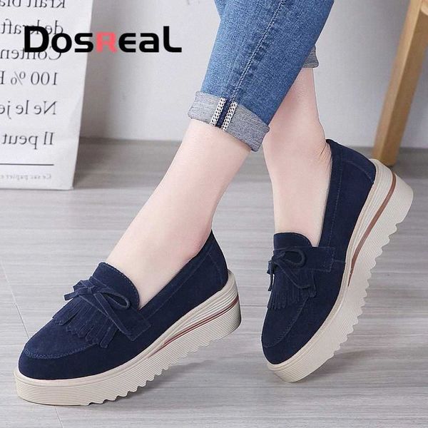 

dosreal spring flat platform women shoes suede leather tassel slip on loafers flat shoes woman moccains casual creepers 88op#, Black