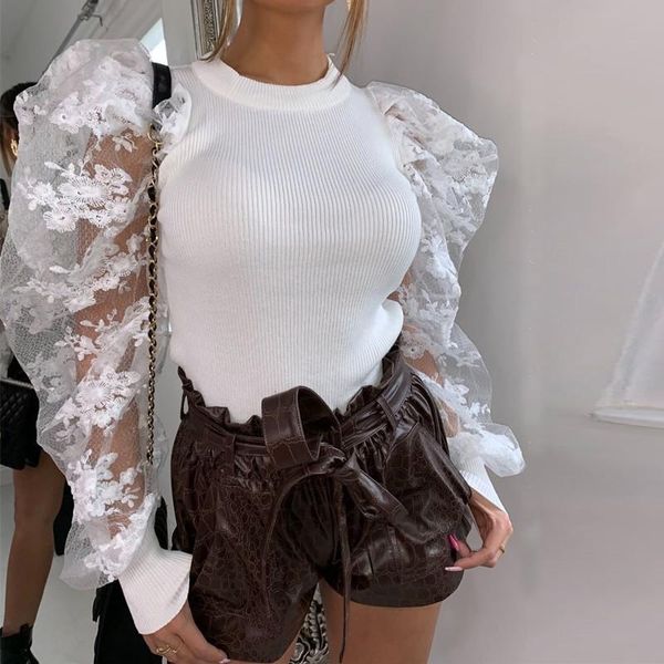 

fashion patchwork lace panel puff sleeve blouse bottoming shirt o-neck autumn rib knitted vintage fit elegant shirts, White