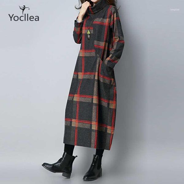 

winter woolen dress women vintge plaid turtleneck long dresses robe lady vestidos loose plus size casual ss48501, Black;gray
