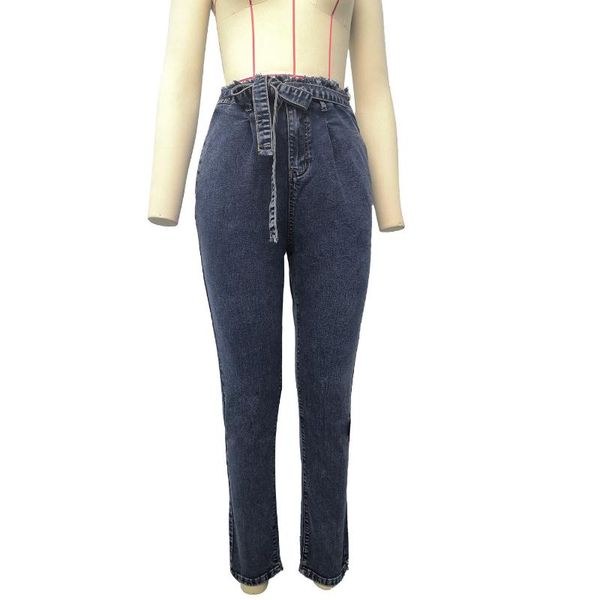

women's jeans sell women belted high waist stretch fashion lace-up slim-fit pencil pants plus size lady skinny denim trousers, Blue