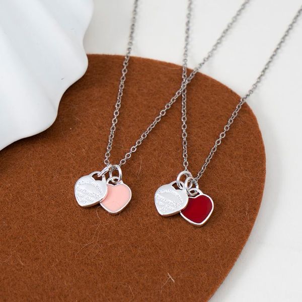

pendant necklaces double love heart necklace colorful enamel female korean fashion clavicle chain for girlfriend gift, Silver