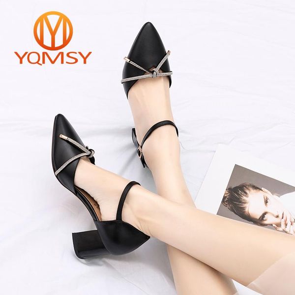 

yqmsy fashion women's sandals cowhide square heel pointed toe casual butterfly-knot high heels sandals buckle strap shoes as10, Black