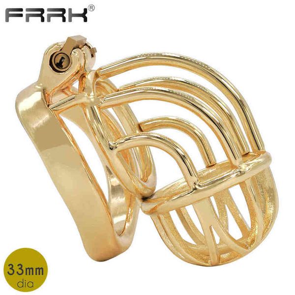 Nxy Chastity Device Rings Frrk Gold Cage Metal Golden Male Bondage Belt Devices Steel Cock Ring Curve Penis Sleeve Bdsm Lockable Sex Toys for 1210