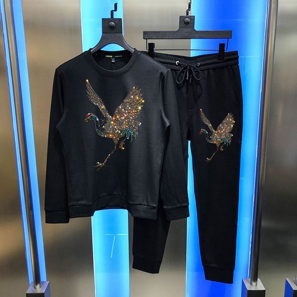 

men's tracksuits autumn mark sweatshirt with hood + animal pants standard male training diamond fine sets qyo6, Gray