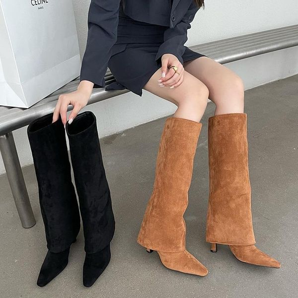 

boots brand designer women's knee high thin heels slip on trouser fashion street 2021 autumn ladies shoes, Black