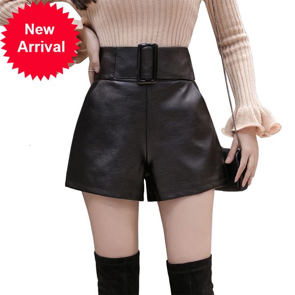 

2021 korean pu faux leather shorts women autumn winter high waist wide leg ladies plus size black belted short femme, White;black