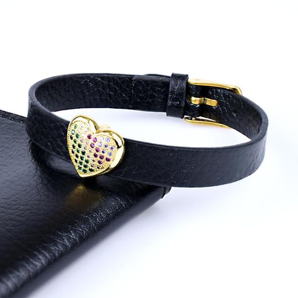 

tennis cz love leather charm bracelet punk wind with shiny rainbow cubic zircon for male women party jewelry gift, Golden;silver