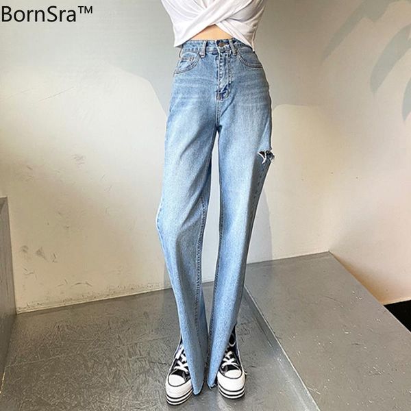 

women's jeans bornsra 2021 high waist tassel ripped holes denim pants female trousers pencil women full length hole, Blue