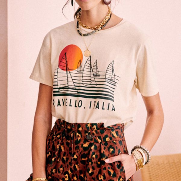 

new sunset print cotton woman sailing sea letter short sleeve t shirt loose elegant summer 2021 chic casual tee retro fxwi, White