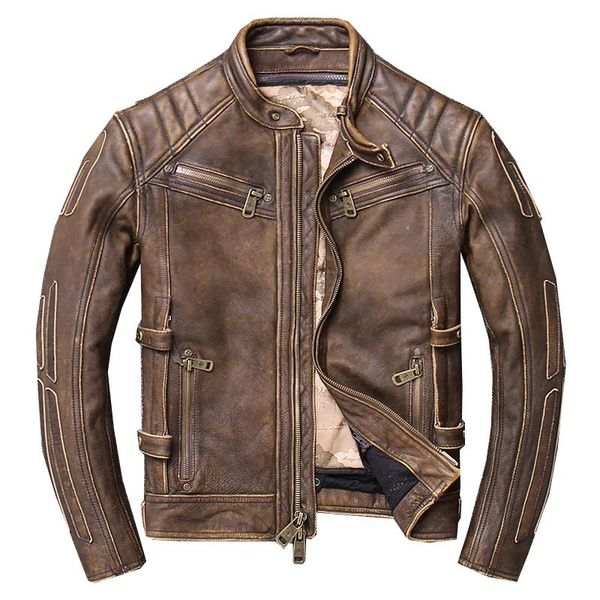 

men's leather & faux first layer thick cowhide heavy motorcycle jacket genuine slim-fit vintage brown coat, Black
