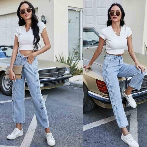 

women's jeans woman casual high waist skinny button side for women denim pants streetwear straight leg full length, Blue