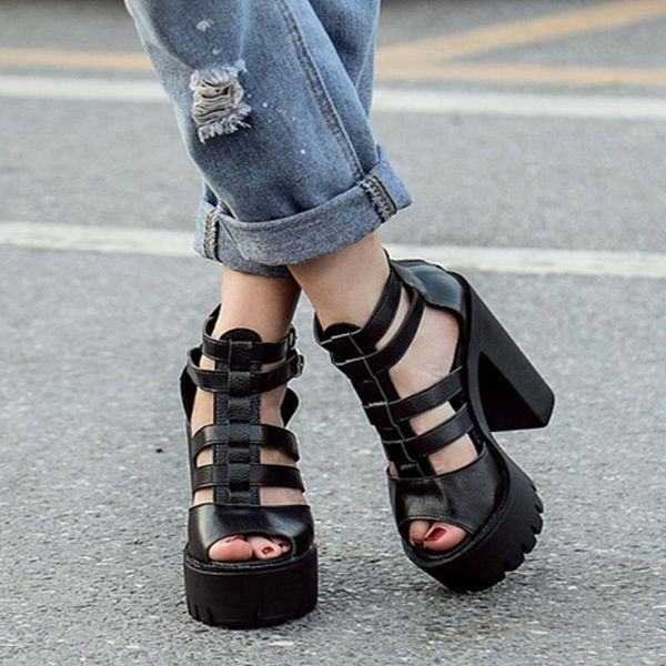 

sandals bonjomarisa female fashion punk high heels open toe zipper buckle women platform summer stylish shoes woman, Black