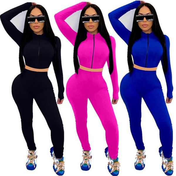 

women's two piece pants solid tracksuit women set spring autumn clothing full sleeve zipper crop + suits casual jogging femme ropa, White