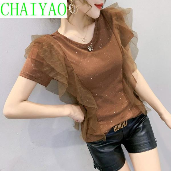 

women's t-shirt summer european clothes girls fashion o-neck shiny patchwork mesh ruffles women short sleeve tees 2021 t13111a, White