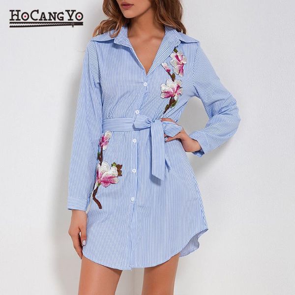 

casual dresses 2021 vintage autumn long sleeve striped dress women blue blouse with belt floral embroidery elegant, Black;gray