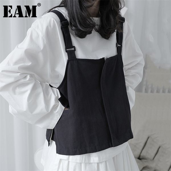 

[eam] women loose fit black pocket brief temperament vest v-collar sleeveless fashion spring autumn 1da993 210817, Black;white