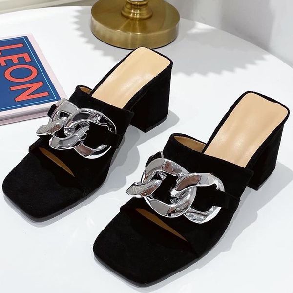 

slippers big size 2021 women fashion thick low heels sandals pumps shoes for woman casual chain female heel slides, Black
