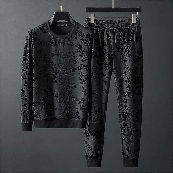Artigos europeus de outono 2021 novos personalizados simples jacquard gola redonda manga longa suéter calças masculinas de duas peças maré