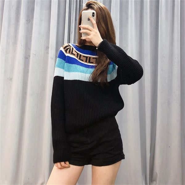 

winter long sleeve sweater women's age reducing college style gradual change stripe round neck letter presbyopia splicing sweaterli, White;black