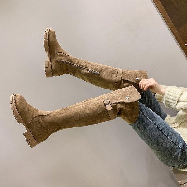 

boots suede over the knee platform women shoes winter plush thigh high buckle chunky long black khaki