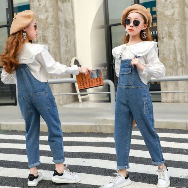 

girls' suit spring and autumn new white shirt jeans children's wear, Blue