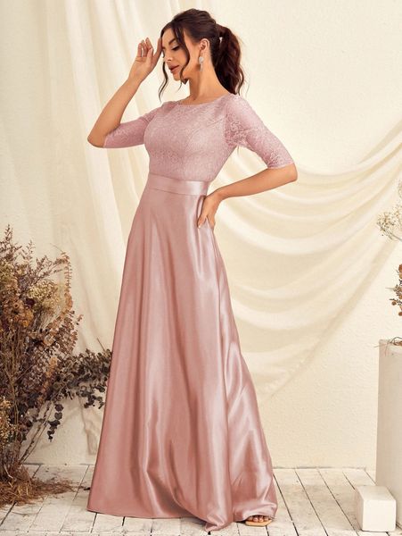 

lace panel satin maxi prom dress c7dl#, Black;gray