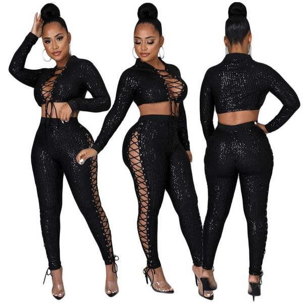 

women's two piece pants all black deep v neck long sleeve bro and tight club party lady fashion tracksuits high street outfits, White