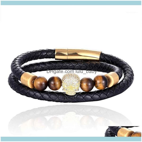 Braccialetti tennis Gioiellitennis Moda uomo Gioielli Pietra naturale Bracciale in vera pelle Chiusura magnetica in acciaio inossidabile Occhio di tigre Perlina Skul