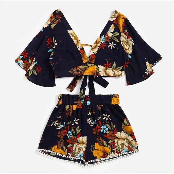 

shorts suit casual botanical printed womens tracksuits bandage summer solid color v neck ruffle two piece set, Gray