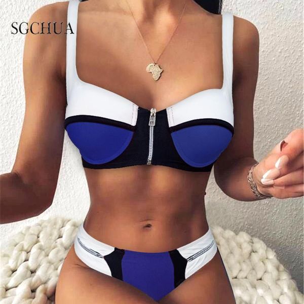 

zipper new push-up three-color patchwork bikini back strap fashion two-piece swimsuit tankini swimwear women 2021