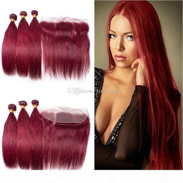 

brazilian wine red silky straight human hair 3bundles with frontal 13x4 burgundy 99j hair extensions with frontal closure 4pcs lot, Black