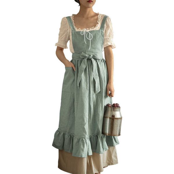 Retro mittelalterliche Baumwolle Leinen Kochen Küchenschürzen für Frau Kleid Blumenladen Smock Friseur Lätzchen Garten Overall 210622