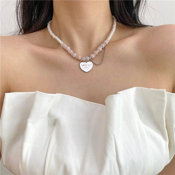 

chokers minar simple pink color beaded necklaces for women 2021 silver love heart long tassel pendant necklace every day jewelry, Golden;silver
