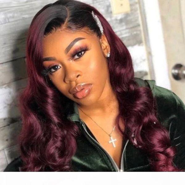 

t1b 99j ombre redwine lace front human hair wigs soku 13x4 brazilian pre plucked lace front wigs for black women non-remy hair, Black;brown