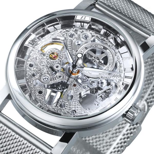 

casual watch men skeleton mechanical women mens watches silver mesh band couple wristwatches gift, Slivery;brown