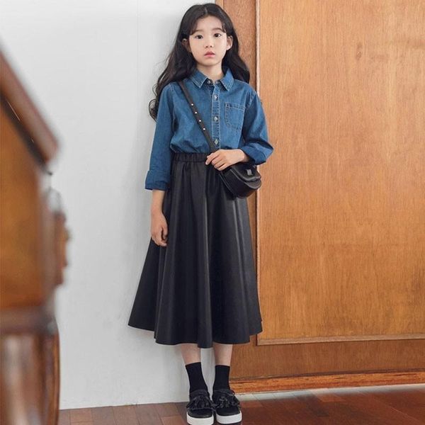 

pu leather skirts for girls solid color toddler skirt kids long spring autumn 2021 princess parent-child clothes children dress, Blue