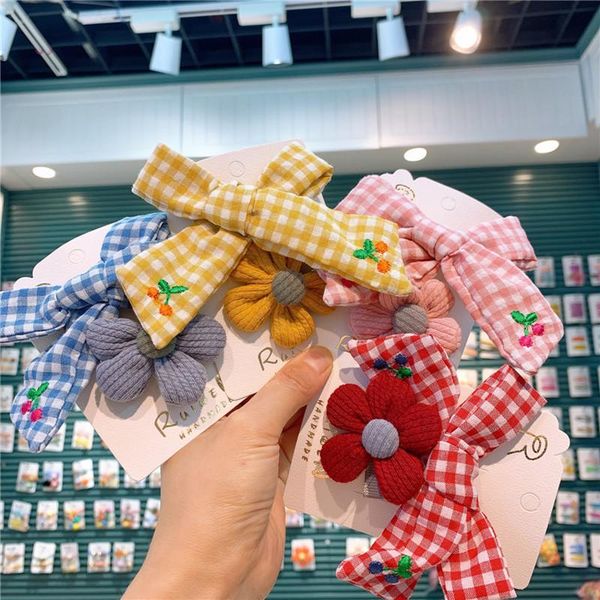 

hair accessories fashion children simple cute embroidery cherry bow duckbill clip sweet girl beautiful fabric flower hairpins, Slivery;white