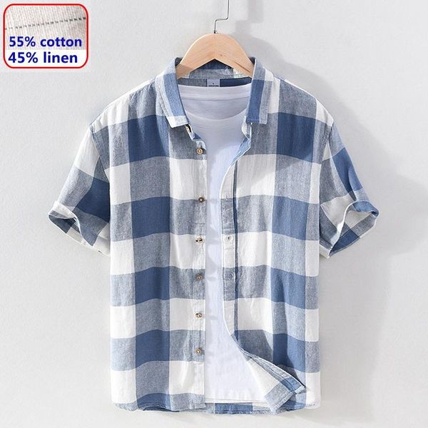 

men's summer new style large plaid linen slim-fit short sleeve shirt cotton linen shirt half-sleeved tide 9051, White;black